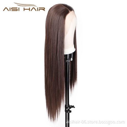 Aisi Hair Wholesale Long Silky Straight Ombre Brown Wig Synthetic Hair Swiss Lace Wig Lace Frontal Wigs For Black Women